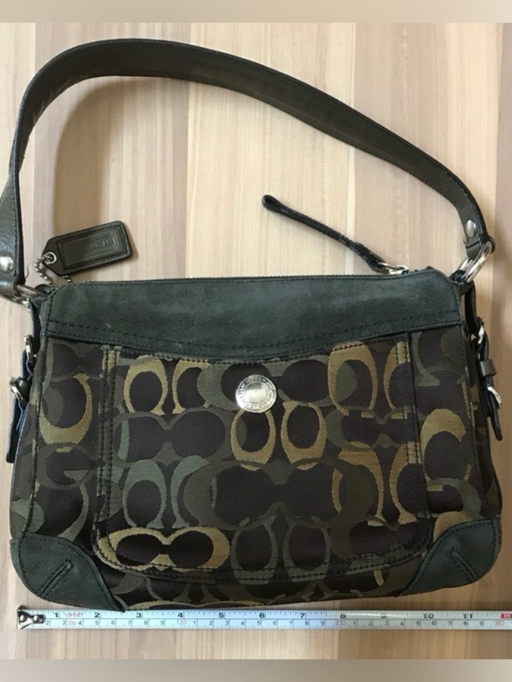 Coach Camouflage Green Signature Canvas Shoulder Bag with Dark Leather Trim